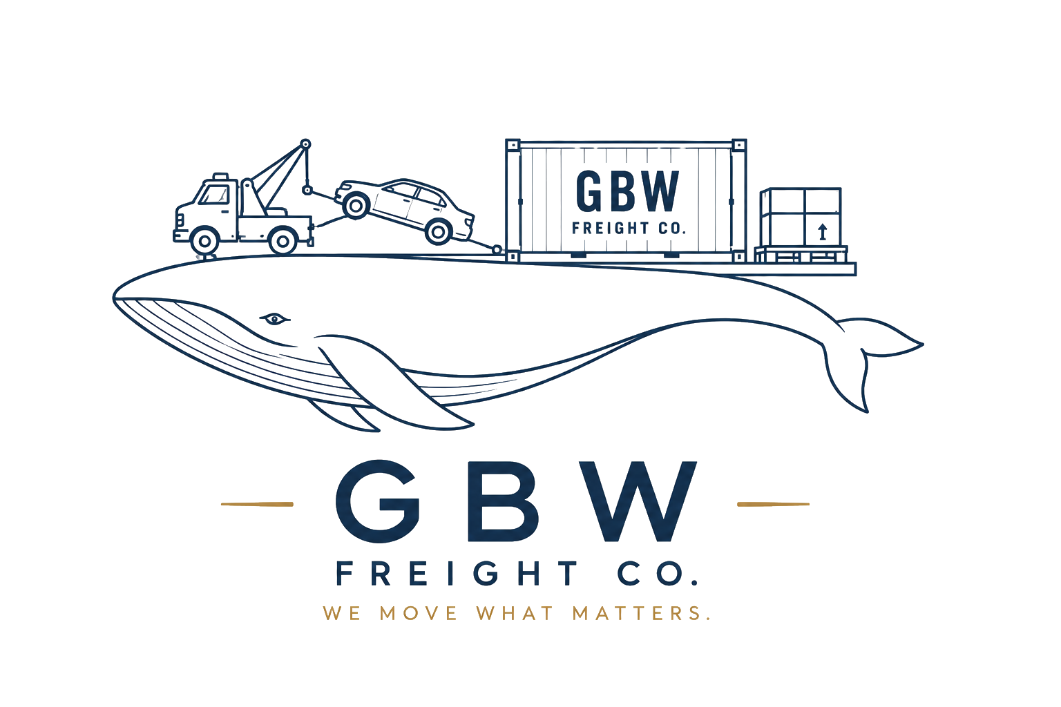 GBW Freight Co. logo: whale carrying tow-truck, car, container, and crate